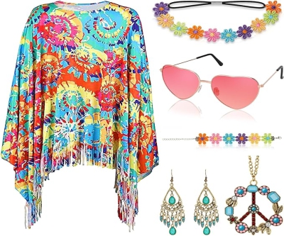 Hippie Kostüm Damen, 70er Jahre Bekleidung Damen mit Hippie Accessoires Set